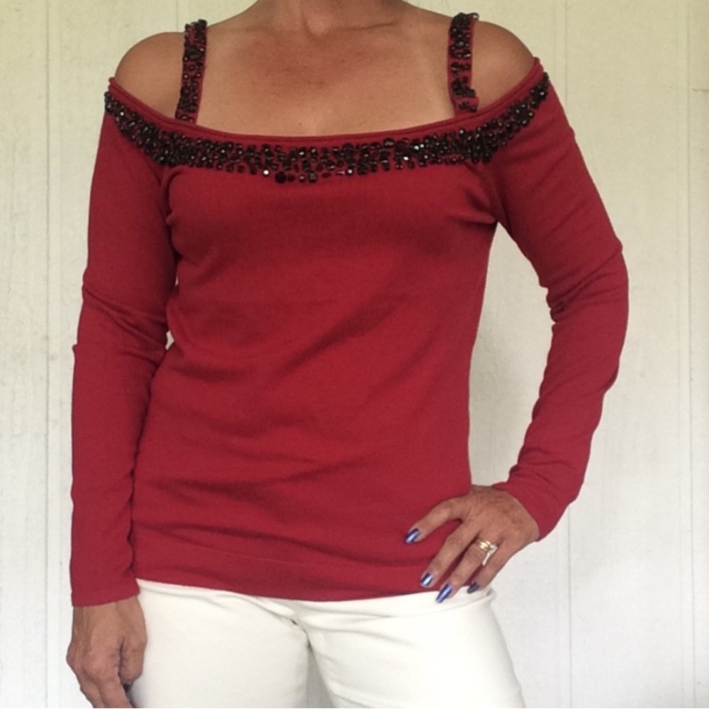 Boston Proper Embellished Cold Shoulder Sweater